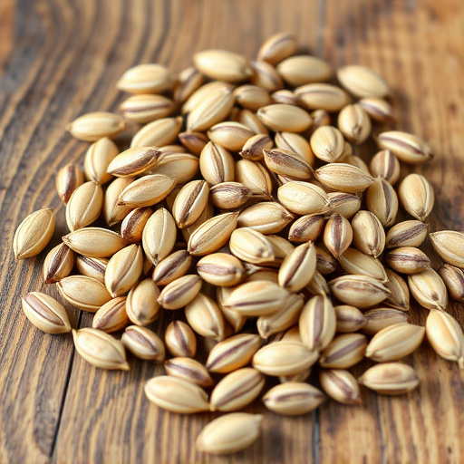 Striped sunflower seeds on wooden table