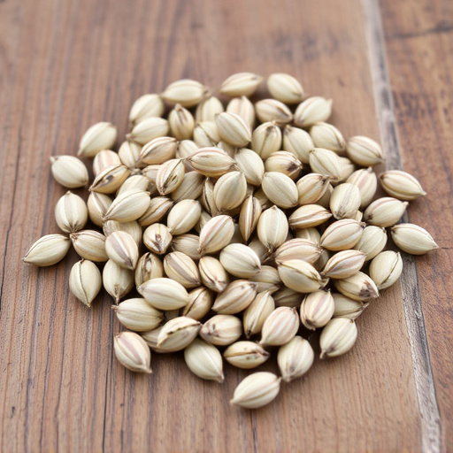 Striped sunflower seeds on wooden table