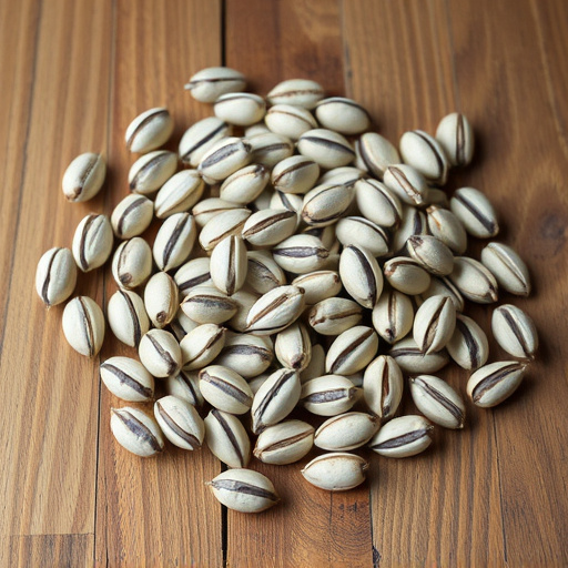 Striped sunflower seeds on wooden table