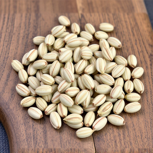 Striped sunflower seeds on wooden table