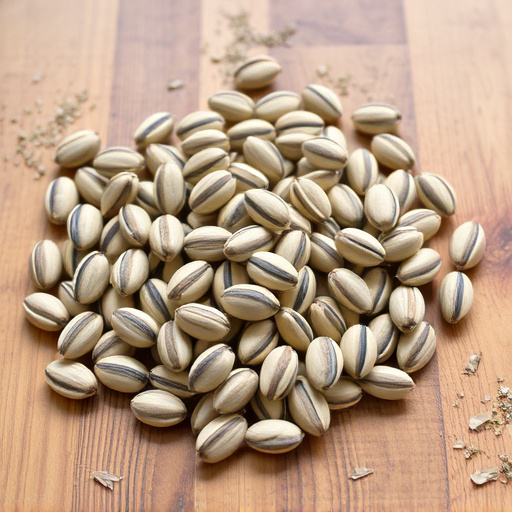 Striped sunflower seeds on wooden table