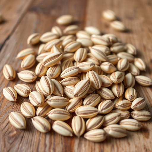 Striped sunflower seeds on wooden table
