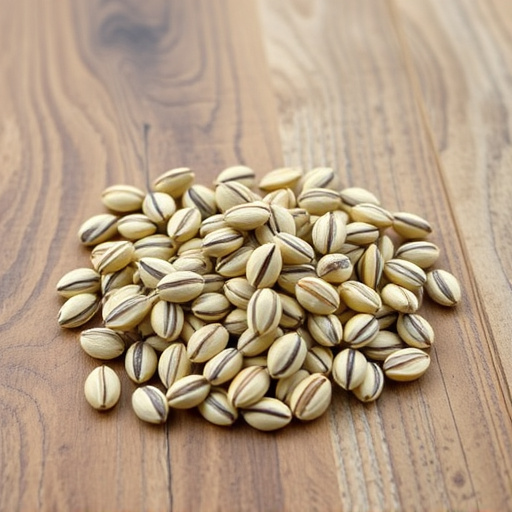 Striped sunflower seeds on wooden table