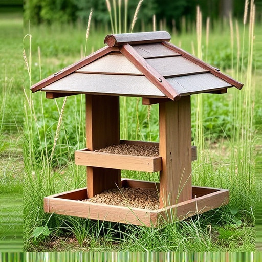 Sturdy roofed feeder surrounded by grass