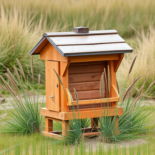 Sturdy roofed feeder surrounded by grass
