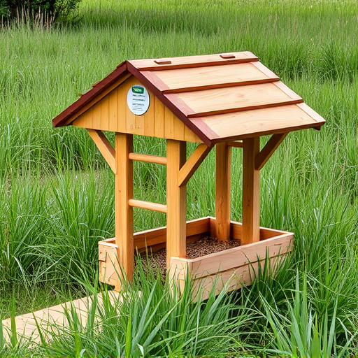Sturdy roofed feeder surrounded by grass