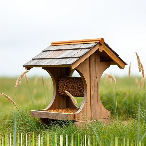 Sturdy roofed feeder surrounded by grass