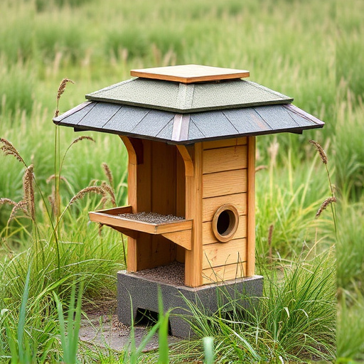 Sturdy roofed feeder surrounded by grass