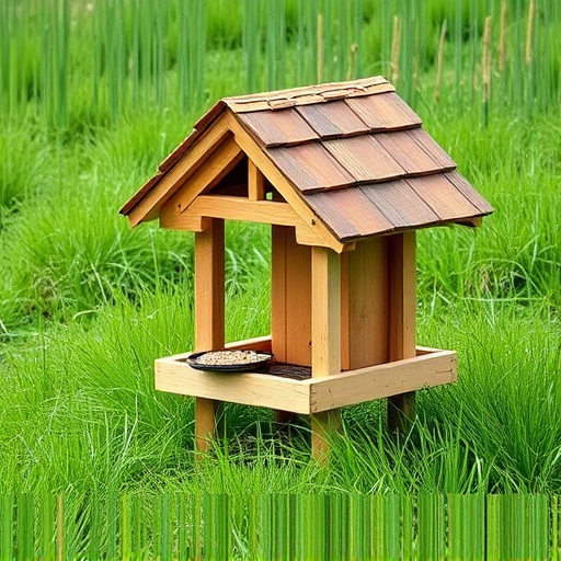 Sturdy roofed feeder surrounded by grass
