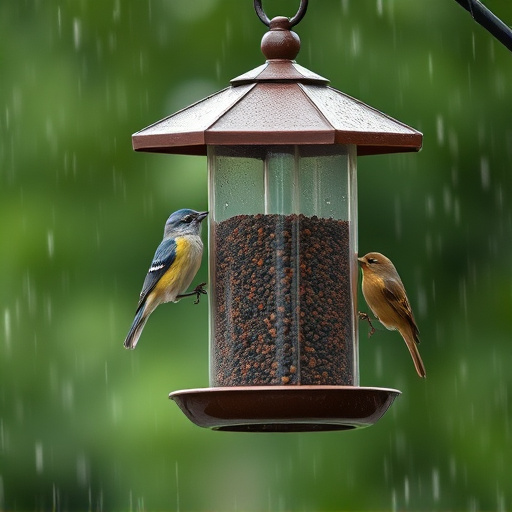 Sturdy weatherproof bird feeder in rain