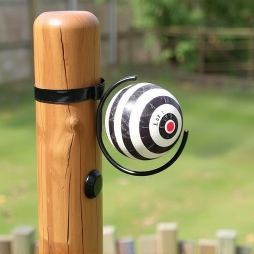 Suet ball holder attached to wooden post