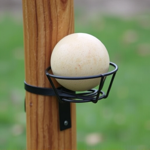 Suet ball holder attached to wooden post