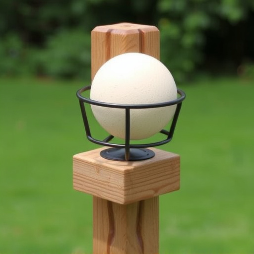 Suet ball holder attached to wooden post