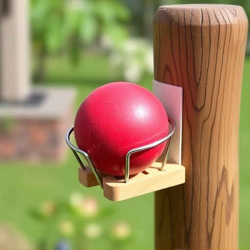 Suet ball holder attached to wooden post