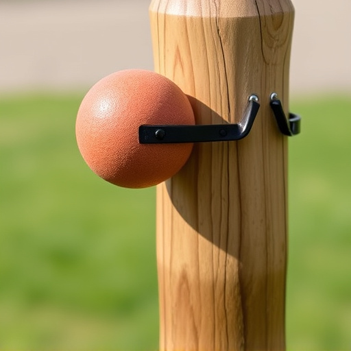 Suet ball holder attached to wooden post