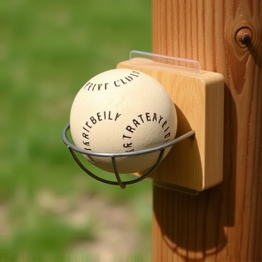 Suet ball holder attached to wooden post