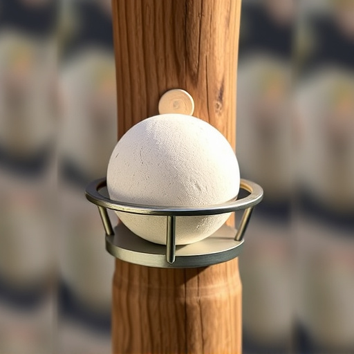 Suet ball holder attached to wooden post