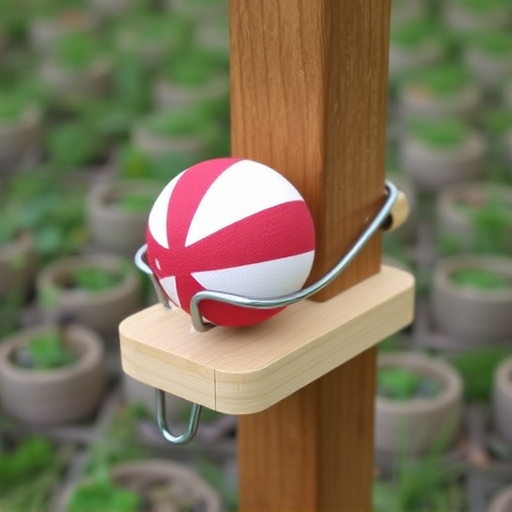 Suet ball holder attached to wooden post