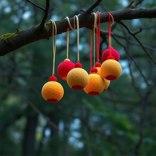 Suet balls dangling from tree branch
