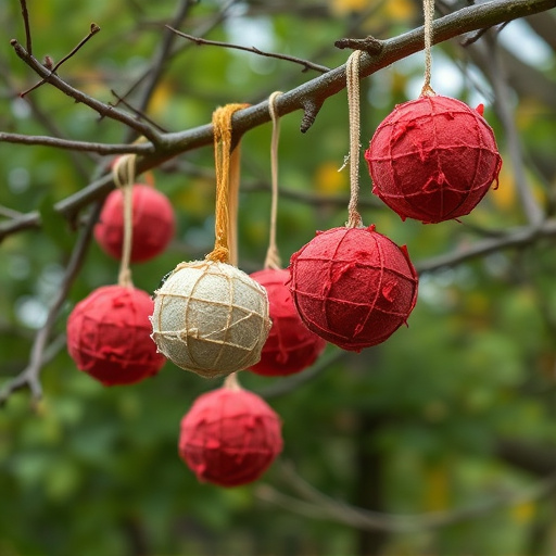 Suet balls hanging from tree branches
