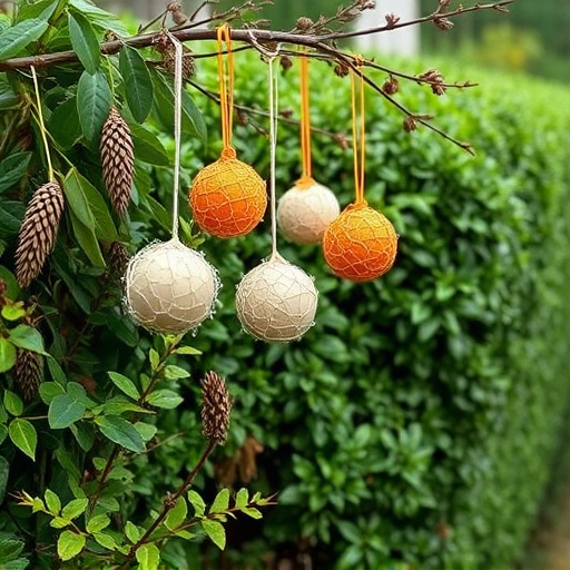 Suet balls hanging near hedgerow plants