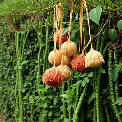 Suet balls hanging near hedgerow plants