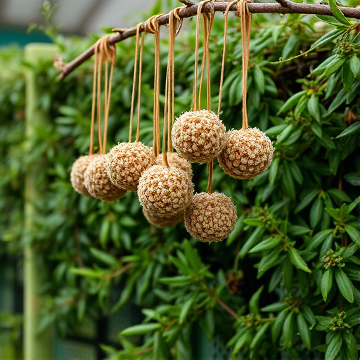 Suet balls hanging near hedgerow plants