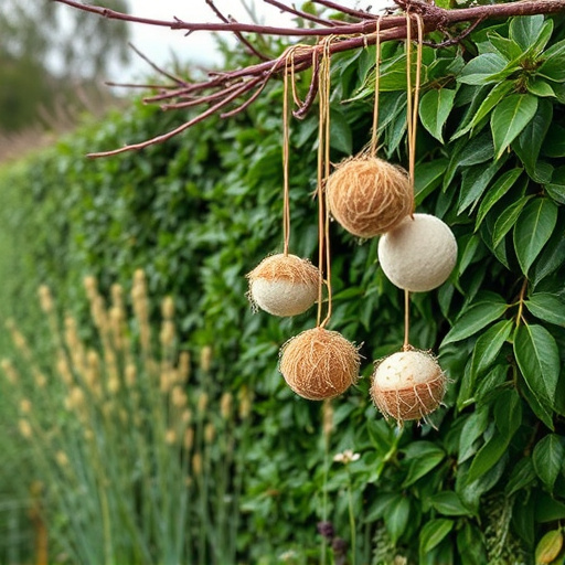 Suet balls hanging near hedgerow plants