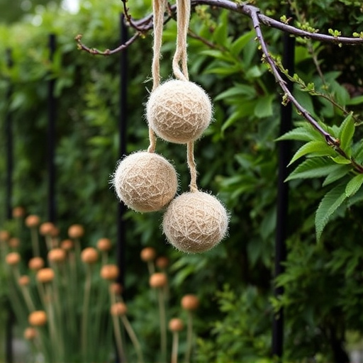 Suet balls hanging near hedgerow plants