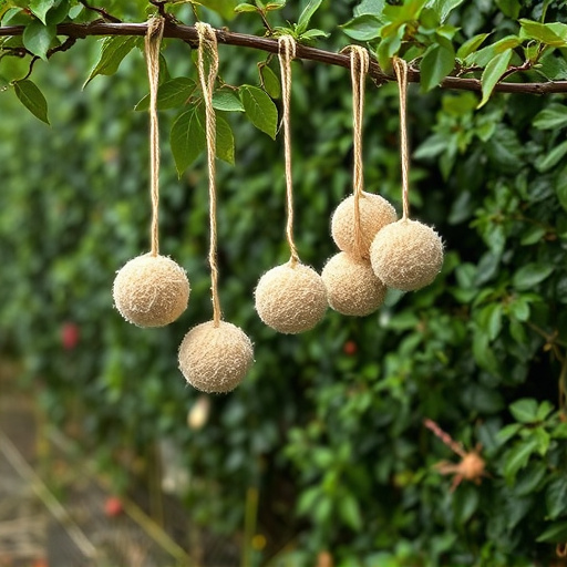 Suet balls hanging near hedgerow plants
