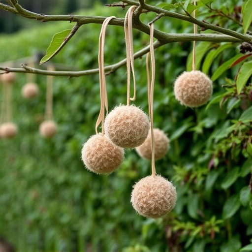 Suet balls hanging near hedgerow plants