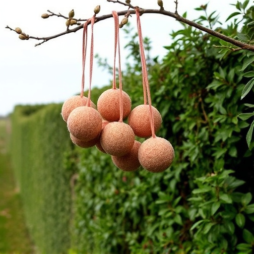 Suet balls hanging near hedgerow plants