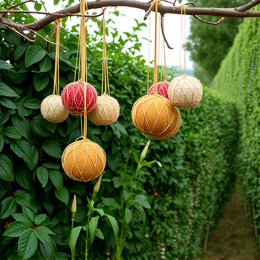 Suet balls hanging near hedgerow plants