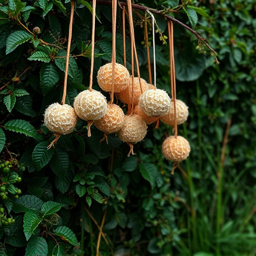 Suet balls hanging near hedgerow plants
