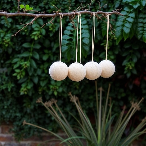 Suet balls hanging near hedgerow plants