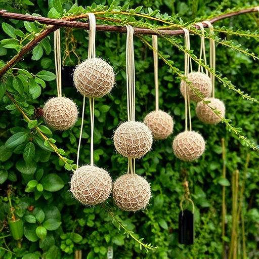 Suet balls hanging near hedgerow plants