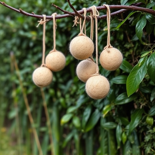 Suet balls hanging near hedgerow plants