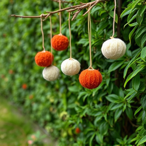 Suet balls hanging near hedgerow plants
