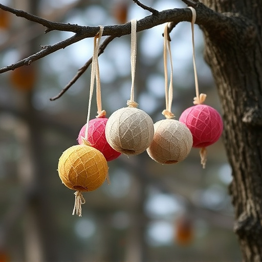 Suet balls hanging on tree branch