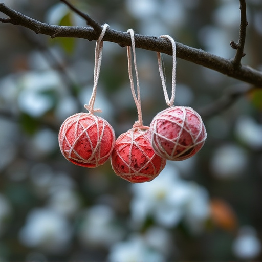 Suet balls hanging on tree branch