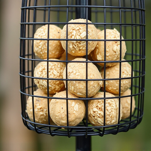 Suet balls stacked inside wire feeder cage