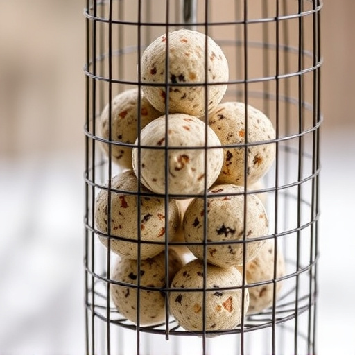 Suet balls stacked inside wire feeder cage
