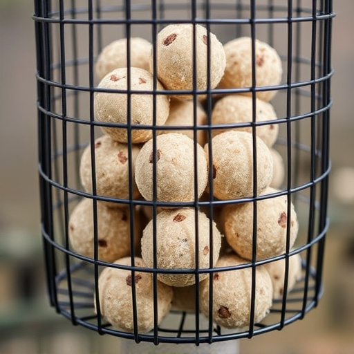 Suet balls stacked inside wire feeder cage