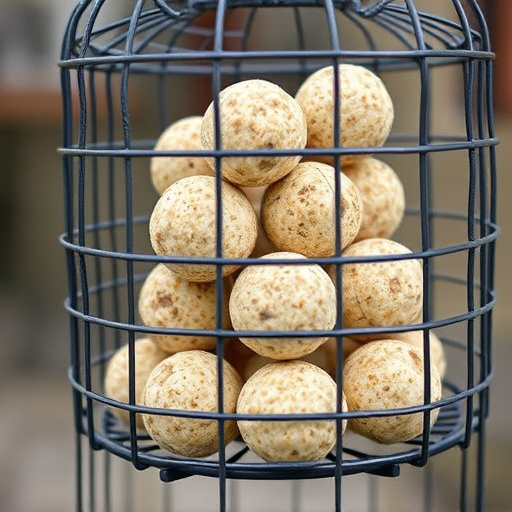 Suet balls stacked inside wire feeder cage