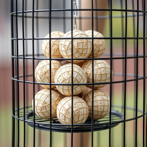 Suet balls stacked inside wire feeder cage