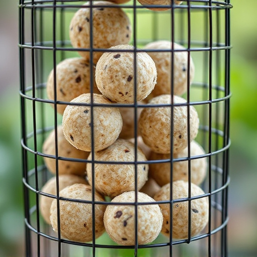 Suet balls stacked inside wire feeder cage