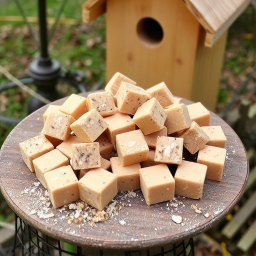 Suet cubes scattered on bird table outdoors
