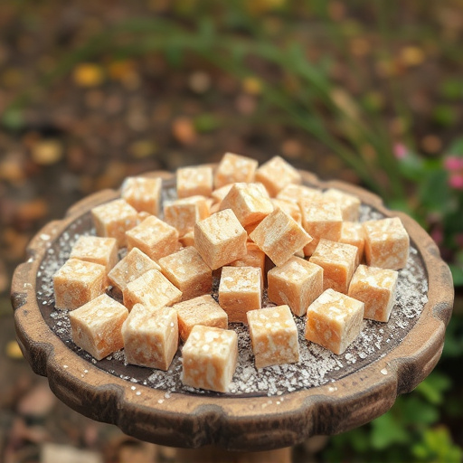 Suet cubes scattered on bird table outdoors