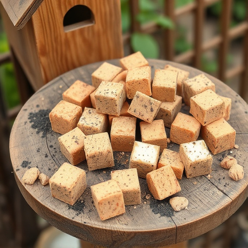 Suet cubes scattered on bird table outdoors