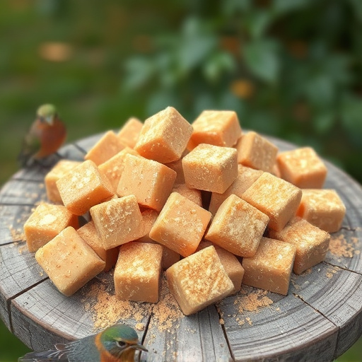 Suet cubes scattered on bird table outdoors